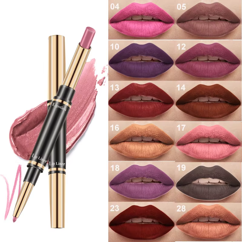 12 kleuren matte dubbele hoofden waterdichte lippenstift en lipliner 2 in 1 lipliner